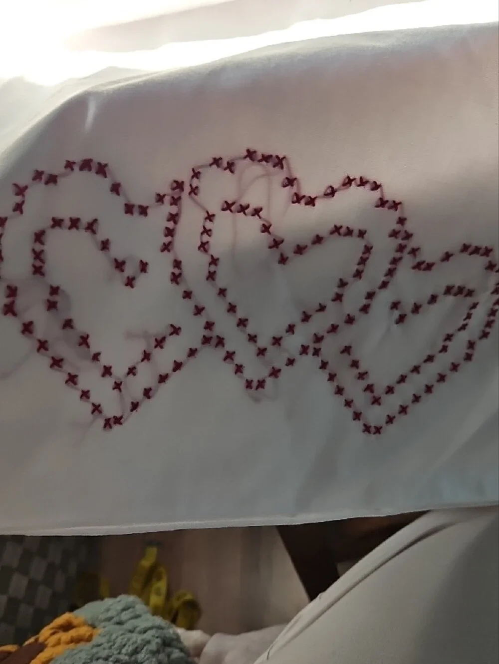 Hand Crafted White Pillowcases with Red Heart Embroidered Stitching